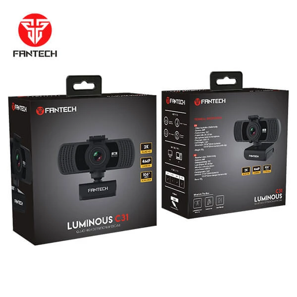 كاميرا ويب FANTECH LUMINOUS C31 QHD 2K (كاميرا 2K Quad HD (QHD) 4 ميجابكسل بزاوية 106 درجة وعدسة واسعة للغاية وميكروفون مدمج وقواعد دوارة 360 درجة)