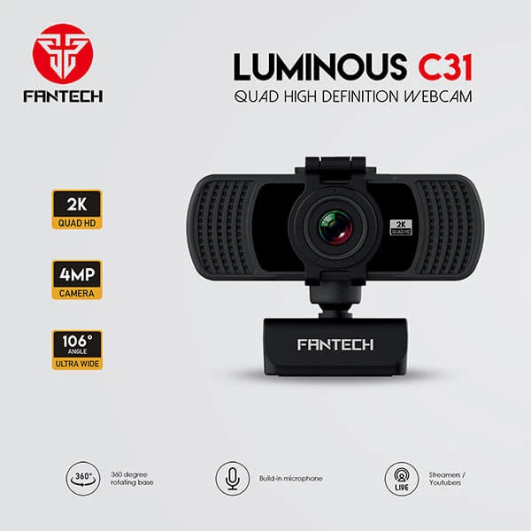 كاميرا ويب FANTECH LUMINOUS C31 QHD 2K (كاميرا 2K Quad HD (QHD) 4 ميجابكسل بزاوية 106 درجة وعدسة واسعة للغاية وميكروفون مدمج وقواعد دوارة 360 درجة)