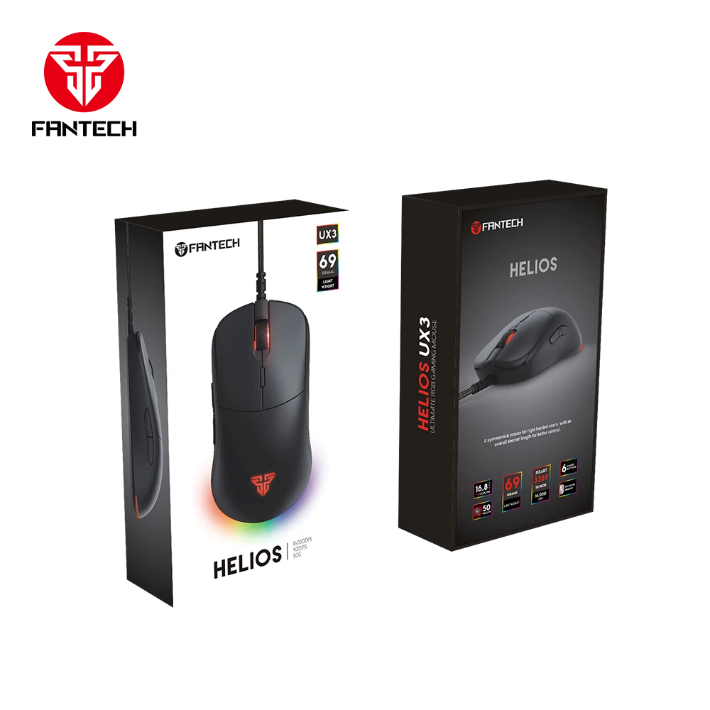 ماوس الألعاب السلكي FANTECH Helios UX3 RGB بدقة 16000 نقطة في البوصة و6 أزرار قابلة للبرمجة، ماوس صغير الحجم ومتناسق وخفيف الوزن 69 جرامًا - أسود