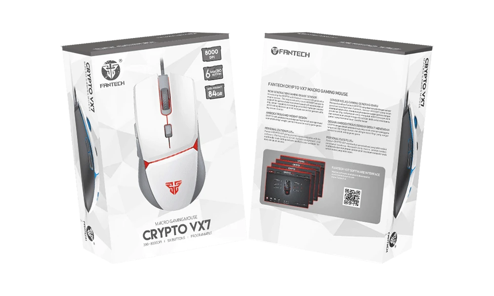 Fantech Crypto VX7 Space Edition RGB Wired Optical Gaming Mouse, 8000 dpi, 6 Macro Buttons, 84g, 4 Colors Led - White