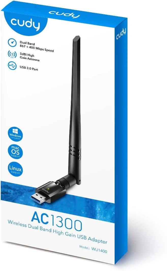 محول واي فاي مزدوج النطاق USB 3.0 من Cudy WU1400 AC بسرعة 1300 ميجابت في الثانية للكمبيوتر الشخصي، دونجل لاسلكي USB بسرعة 400 ميجابت في الثانية + 867 ميجابت في الثانية، 5 جيجاهرتز + 2.4 جيجاهرتز، هوائ