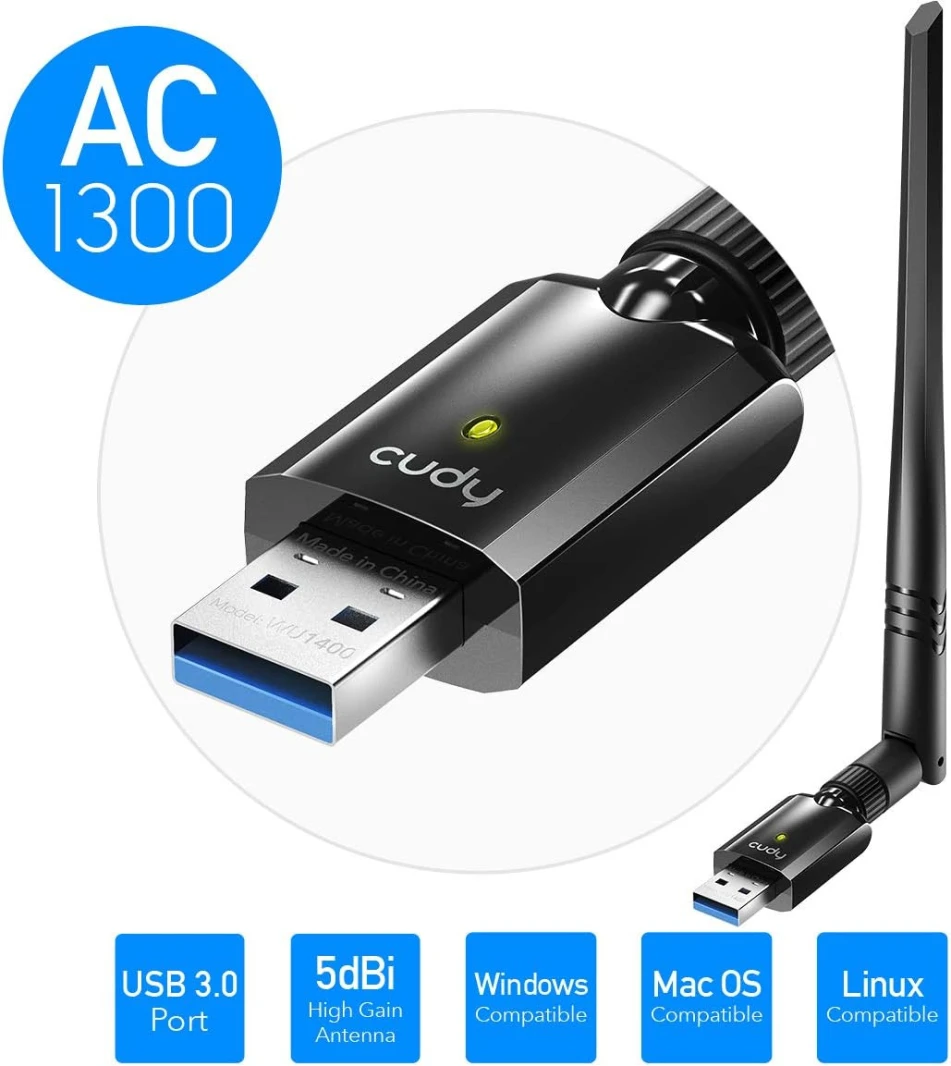 محول واي فاي مزدوج النطاق USB 3.0 من Cudy WU1400 AC بسرعة 1300 ميجابت في الثانية للكمبيوتر الشخصي، دونجل لاسلكي USB بسرعة 400 ميجابت في الثانية + 867 ميجابت في الثانية، 5 جيجاهرتز + 2.4 جيجاهرتز، هوائ