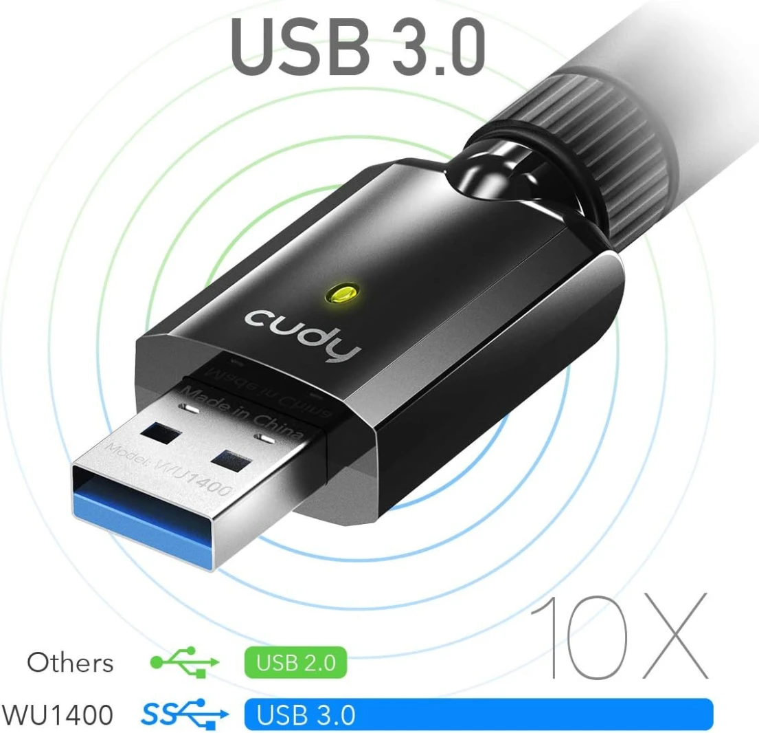 محول واي فاي مزدوج النطاق USB 3.0 من Cudy WU1400 AC بسرعة 1300 ميجابت في الثانية للكمبيوتر الشخصي، دونجل لاسلكي USB بسرعة 400 ميجابت في الثانية + 867 ميجابت في الثانية، 5 جيجاهرتز + 2.4 جيجاهرتز، هوائ