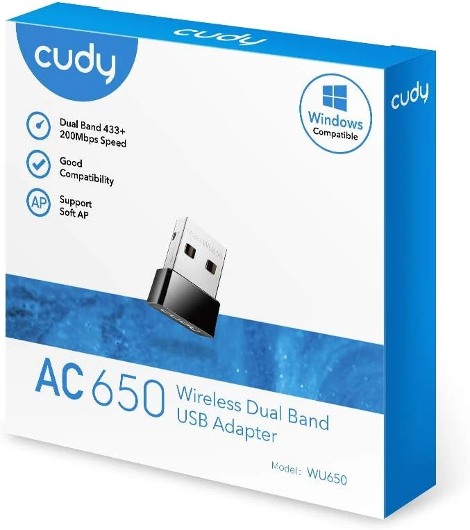 محول واي فاي USB Cudy WU650 AC 650Mbps للكمبيوتر الشخصي، دونجل لاسلكي 5 جيجاهرتز/2.4 جيجاهرتز، محول واي فاي لاسلكي للكمبيوتر المحمول - حجم نانو، متوافق مع أنظمة التشغيل Windows XP / 7/8.x /10/11، Mac 
