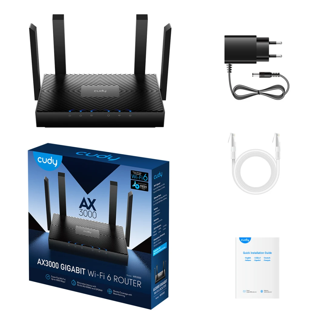 جهاز توجيه Cudy New AX3000 ثنائي النطاق Wi-Fi 6، جهاز توجيه Wi-Fi شبكي، جهاز توجيه إنترنت 802.11ax، 160 ميجا هرتز، MU-MIMO، OFDMA، WireGuard، OpenVPN، WPA3، WR3000