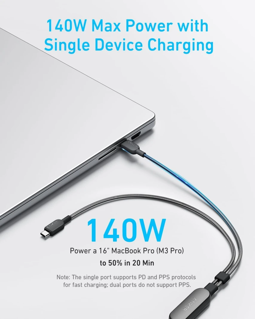 Anker 2-in-1 USB-C to USB-C Cable (4 ft, 140W) Black