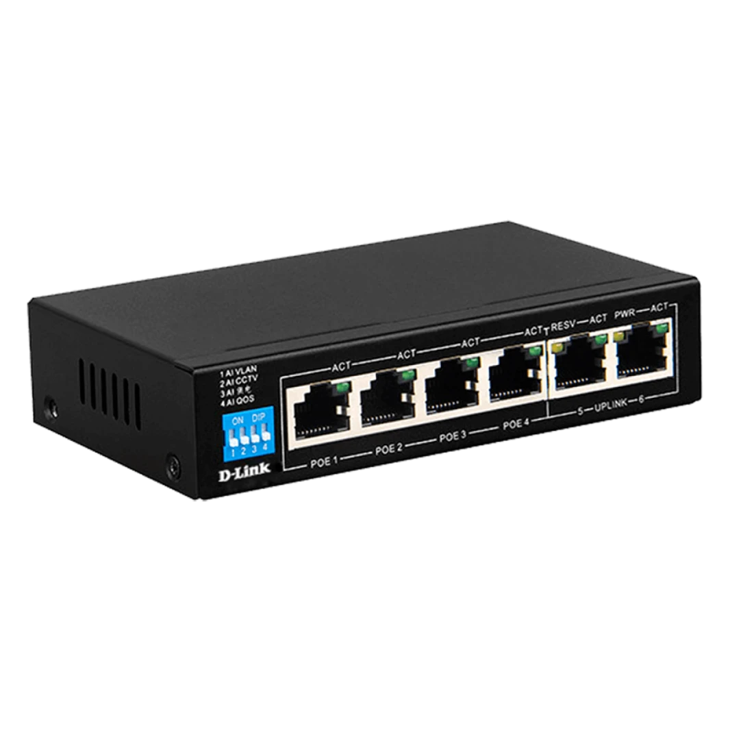 محول D-Link DES-F1006P-E/B 6 منافذ 10/100 مع 4 منافذ PoE ومنفذين للربط العلوي، قابس المملكة المتحدة