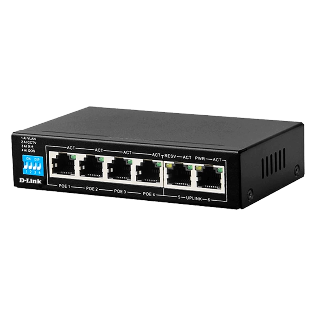 محول D-Link DES-F1006P-E/B 6 منافذ 10/100 مع 4 منافذ PoE ومنفذين للربط العلوي، قابس المملكة المتحدة