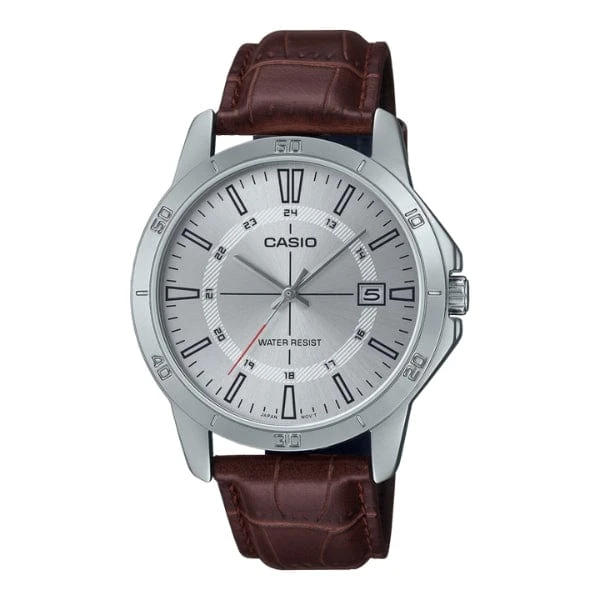 Casio Standard Analog Brown Leather Strap Silver Dial Quartz MTP-V004L