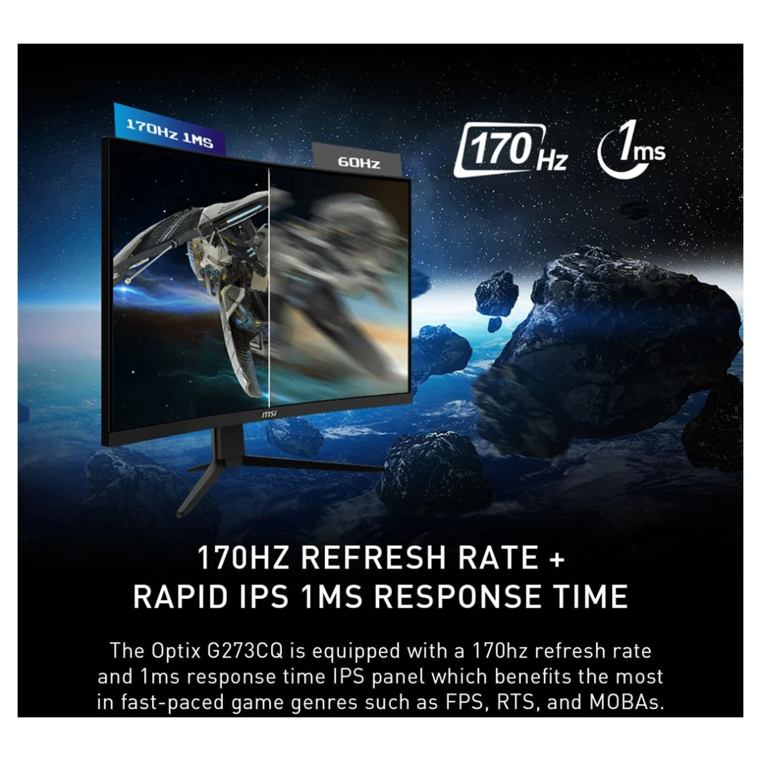 شاشة ألعاب منحنية MSI G273CQ مقاس 27 بوصة، بدقة 2560 × 1440 (QHD)، VA، 170 هرتز، FreeSync Premium، جاهزة لـ HDR، HDMI، Displayport، إمالة