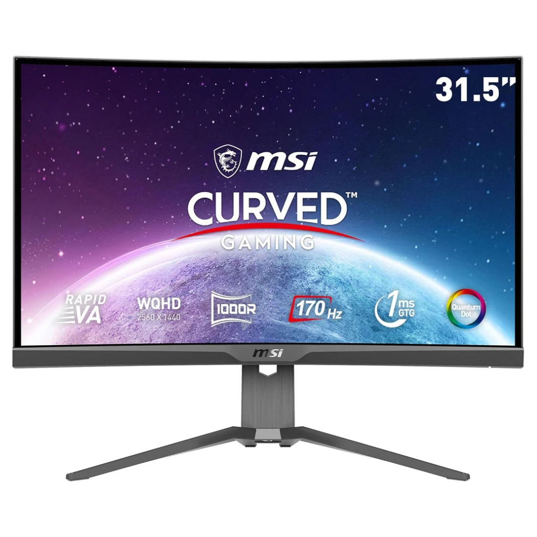 شاشة ألعاب منحنية MSI MAG 325CQRF-QD مقاس 31.5 بوصة، بدقة 2560 × 1440 (QHD) وتقنية Rapid VA مع Quantum Dot، ووقت استجابة 1 مللي ثانية، وتردد 170 هرتز، وتقنية FreeSync Premium، وتقنية HDR Ready، ودقة 1