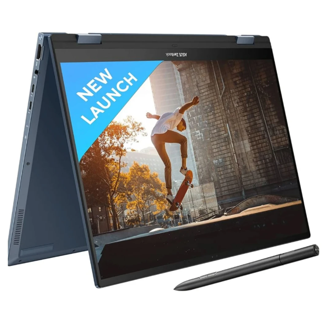 كمبيوتر محمول ASUS Zenbook 14 Flip OLED (UP3404VA-KN026W) - i7-1360P، الجيل الثالث عشر، 16 جيجابايت DDR5، 1 تيرابايت SSD، شاشة تعمل باللمس OLED بدقة 2.8K مقاس 14 بوصة مع قلم وحافظة، أزرق Ponder، نظام 