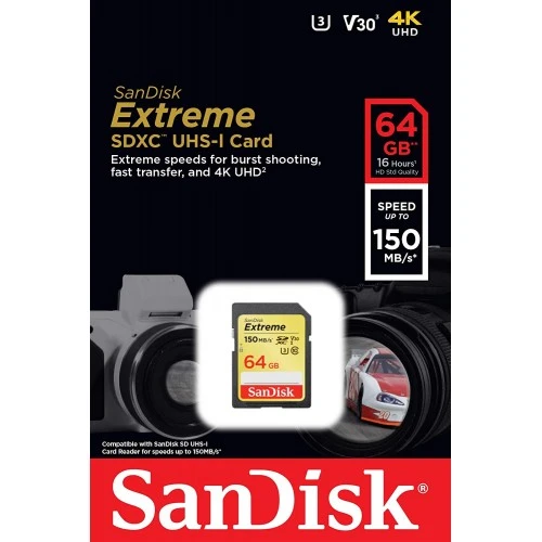 بطاقة SanDisk Extreme SDXC UHS-I بسعة 64 جيجابايت وسرعة 150 ميجابايت/ثانية
