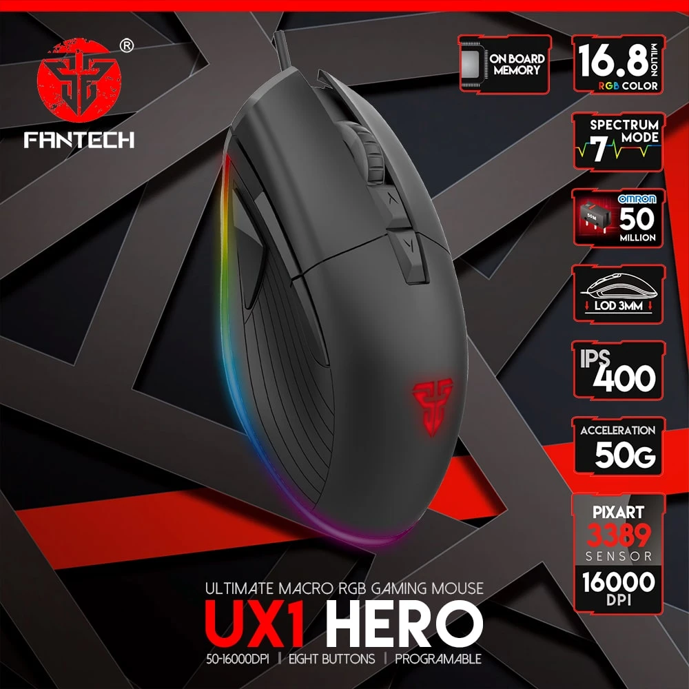 ماوس الألعاب Fantech UX1 Hero Ultimate Ultralight RGB بدقة 16000 نقطة في البوصة