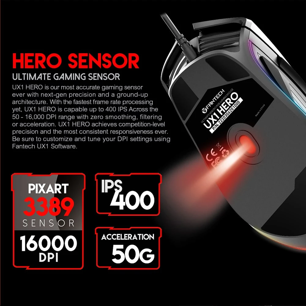 ماوس الألعاب Fantech UX1 Hero Ultimate Ultralight RGB بدقة 16000 نقطة في البوصة