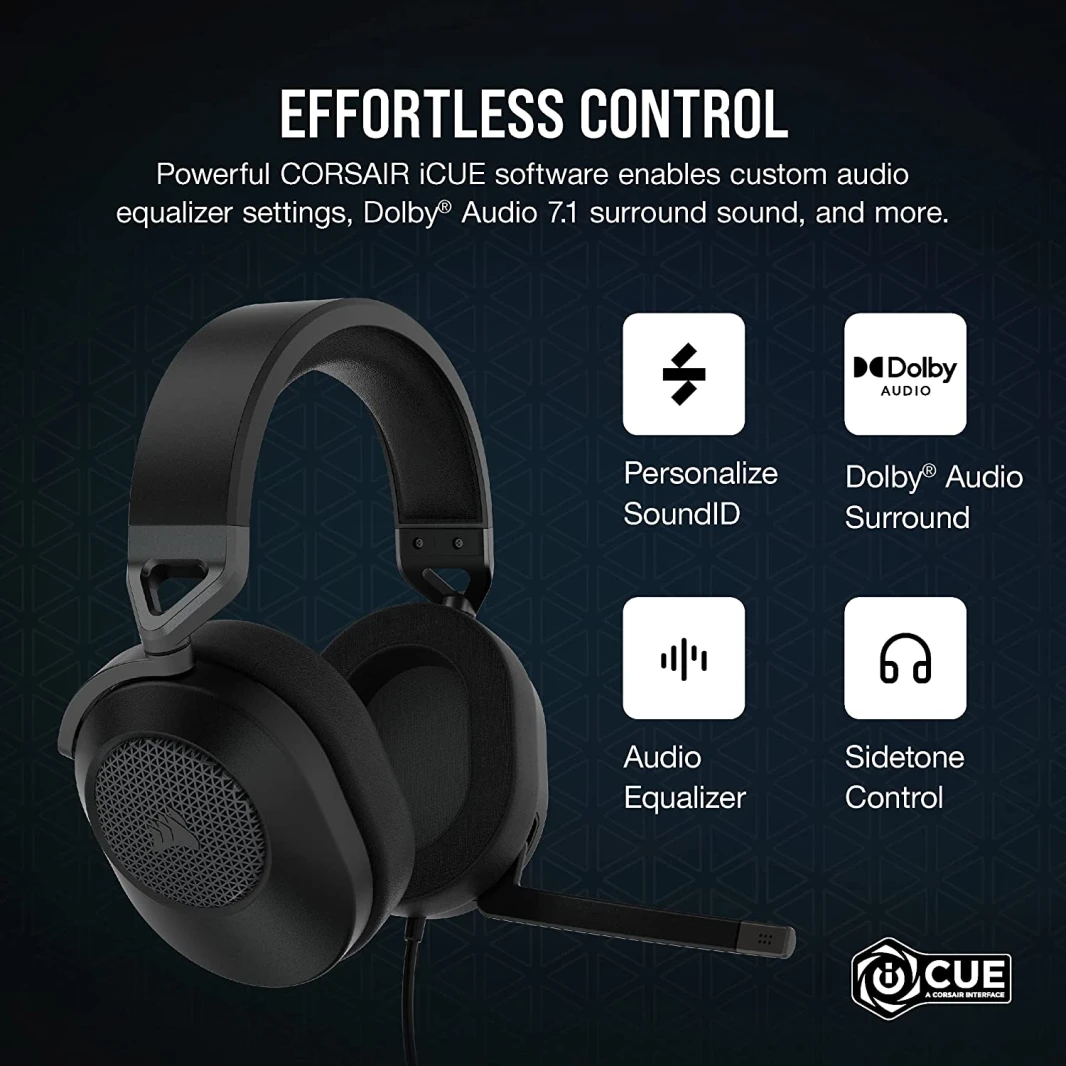 سماعة رأس للألعاب Corsair HS65 Dolby Audio 7.1 Surround Sound – كربون