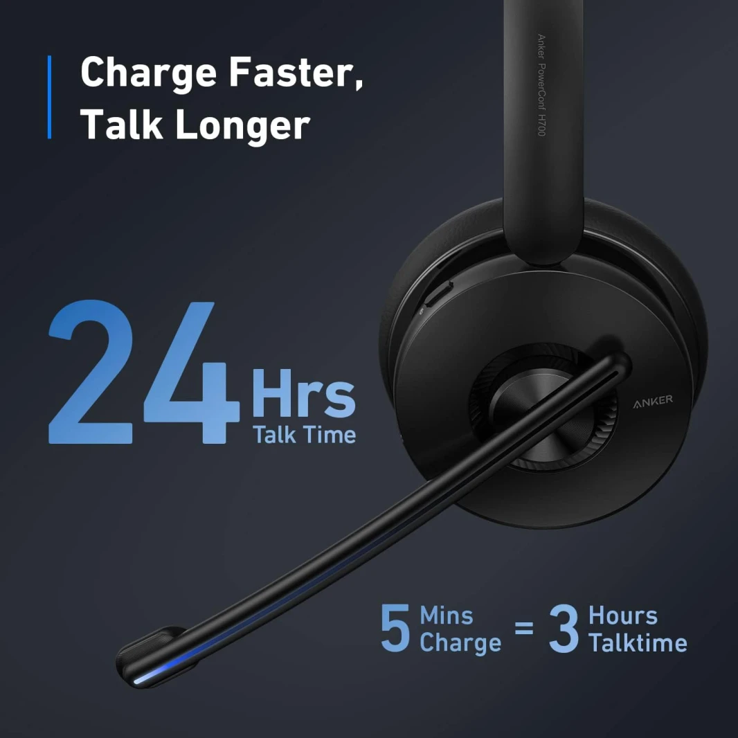 سماعة رأس Anker PowerConf H700 مع حامل شحن وخاصية إلغاء الضوضاء النشطة وميكروفون - أسود
