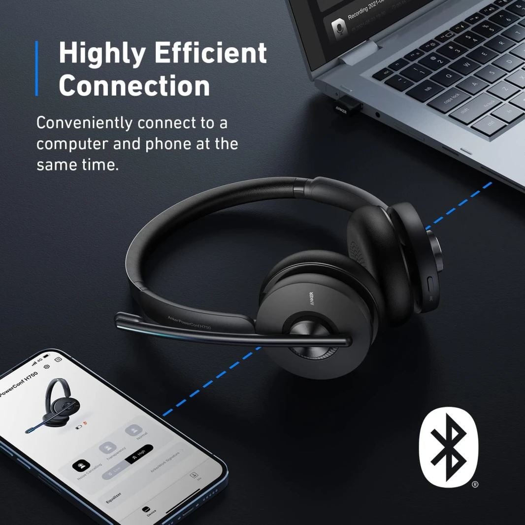 سماعة رأس Anker PowerConf H700 مع حامل شحن وخاصية إلغاء الضوضاء النشطة وميكروفون - أسود