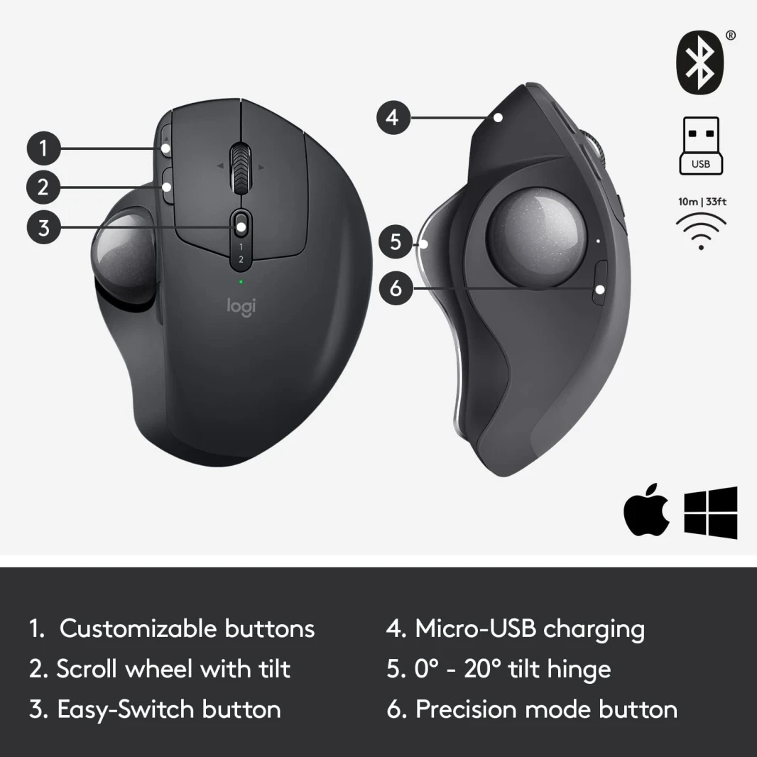 ماوس Logitech MX Ergo Ergonomic Design اللاسلكي المزود بكرة التتبع