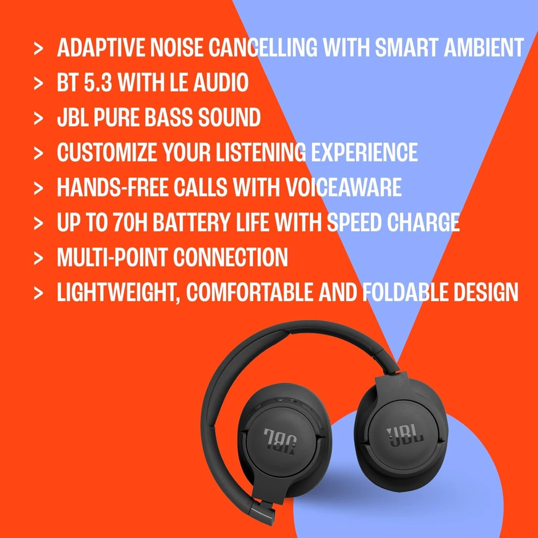 سماعة JBL Tune 770NC اللاسلكية مع خاصية إلغاء الضوضاء التكيفية - أسود