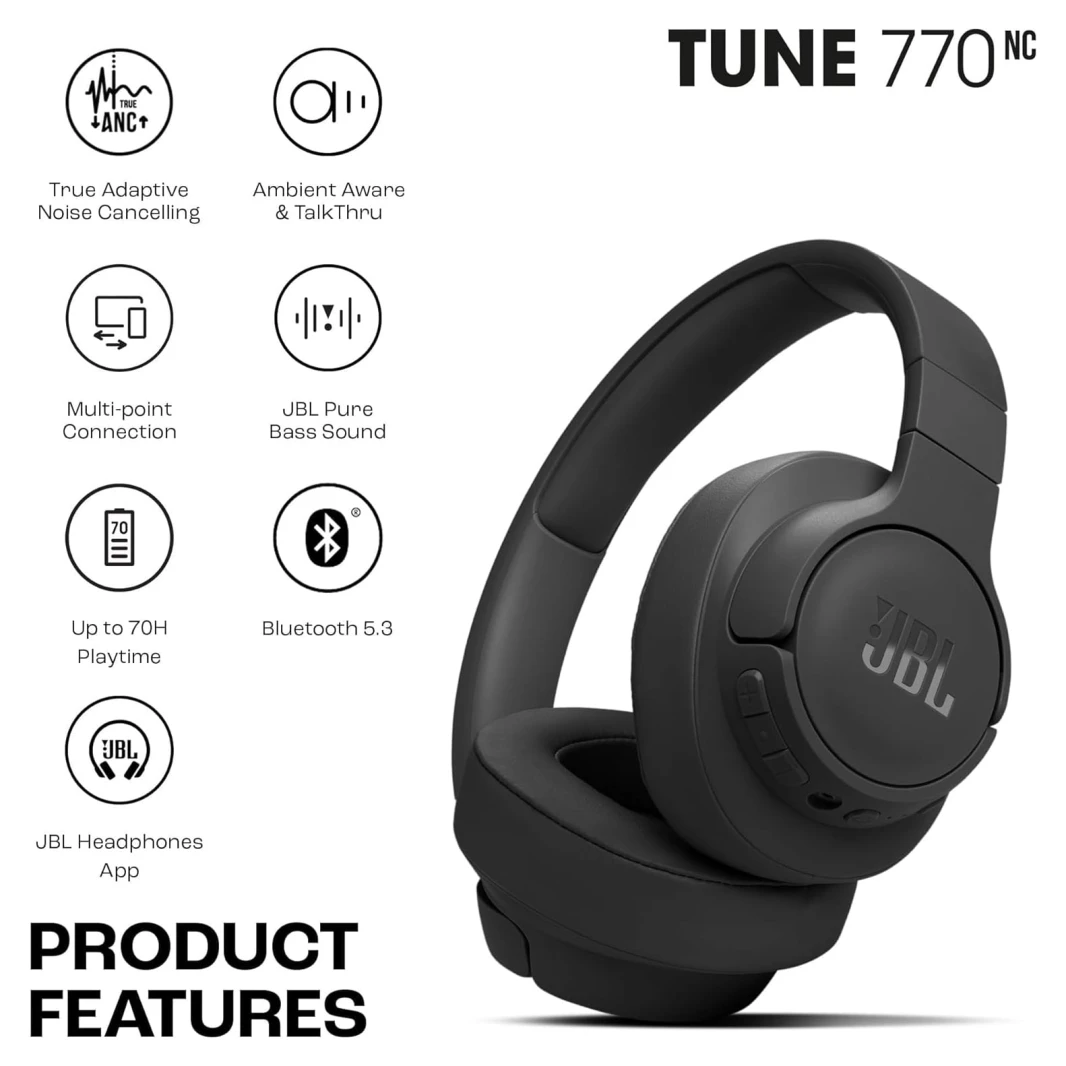 سماعة JBL Tune 770NC اللاسلكية مع خاصية إلغاء الضوضاء التكيفية - أسود
