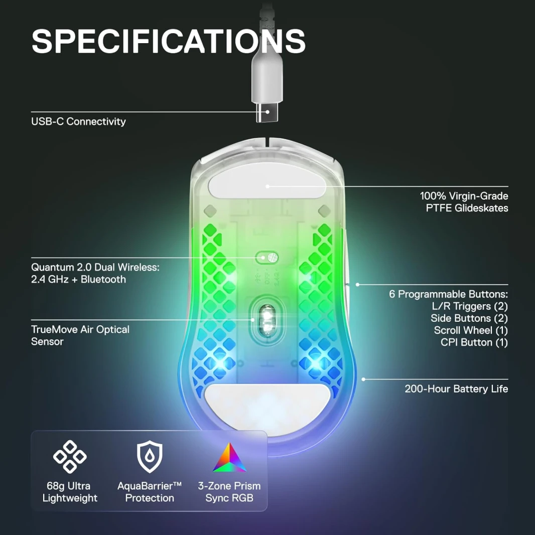 ماوس الألعاب اللاسلكي SteelSeries Aerox 3 خفيف الوزن للغاية مع فتحة RGB - Ghost