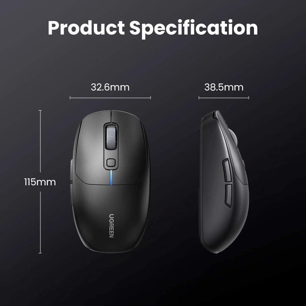 UGREEN Lightweight 2.4Ghz and Bluetooth Rechargeable Ergonomic Gaming Mouse – Black