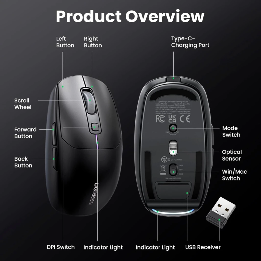 UGREEN Lightweight 2.4Ghz and Bluetooth Rechargeable Ergonomic Gaming Mouse – Black
