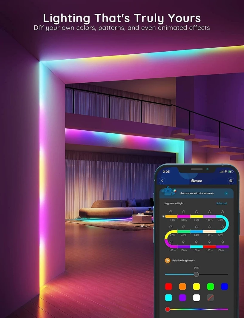 شريط LED ذكي متعدد الألوان على خط واحد من Govee RGBIC H617 مع التحكم في التطبيق ومزامنة الموسيقى - 10 أمتار