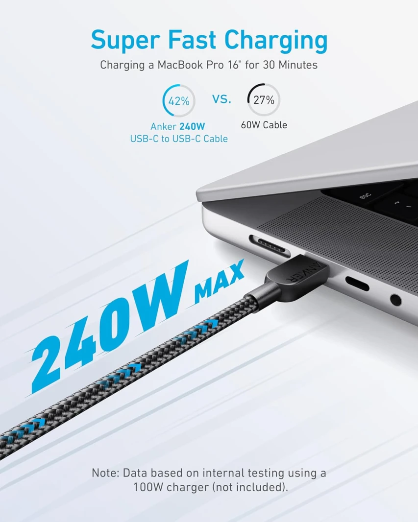 Anker 240W Braided USB C to USB C Cable 3M – Black