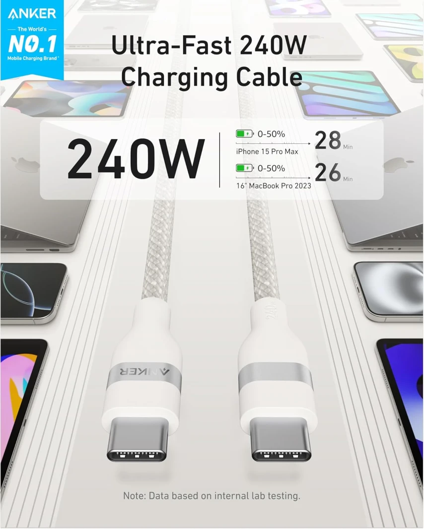 كابل أنكر نانو 240 وات مضفر من USB C إلى USB C بطول 1.8 متر - أبيض