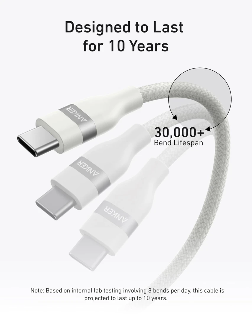 كابل أنكر نانو 240 وات مضفر من USB C إلى USB C بطول 1.8 متر - أبيض