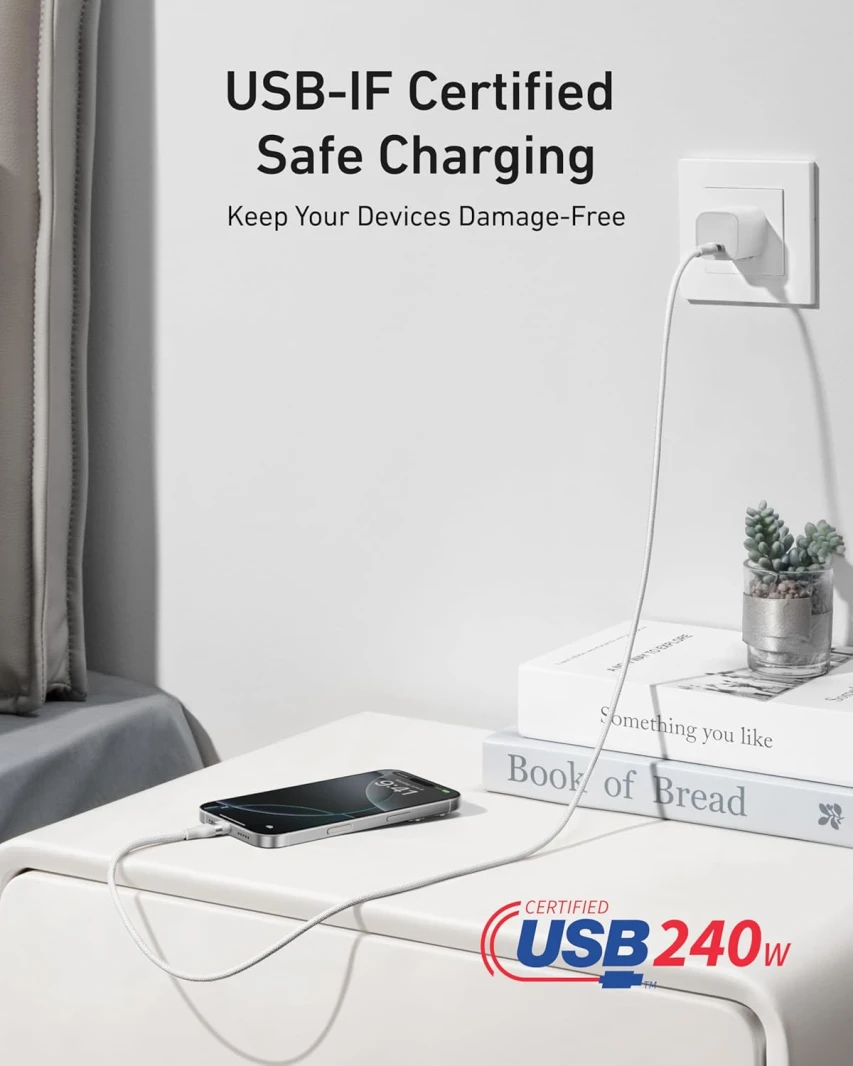 كابل أنكر نانو 240 وات مضفر من USB C إلى USB C بطول 1.8 متر - أبيض