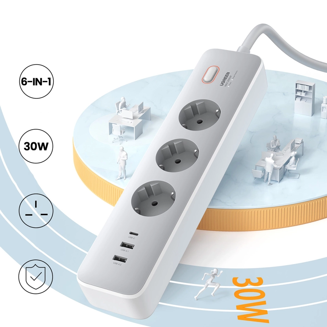 شريط طاقة UGREEN 6 في 1 3 منافذ تيار متردد 2 منفذ USB-A 1 منفذ USB-C 30 وات مع مفتاح - 2 متر