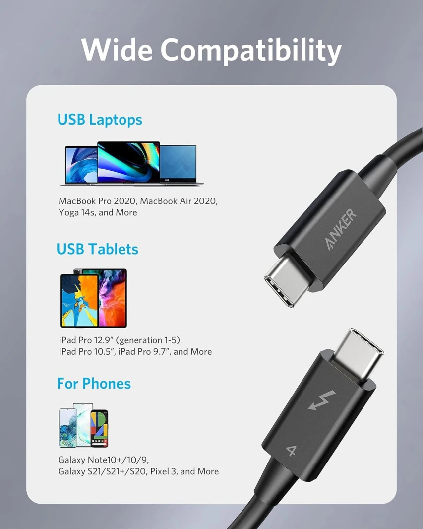 كابل Anker Thunderbolt 4 مع شاشة 8K / 40Gbps / 100W للشحن - 0.8 متر