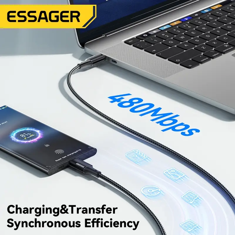 كابل مضفر USB C إلى USB C بقوة 100 وات من Essager – بطول 2 متر