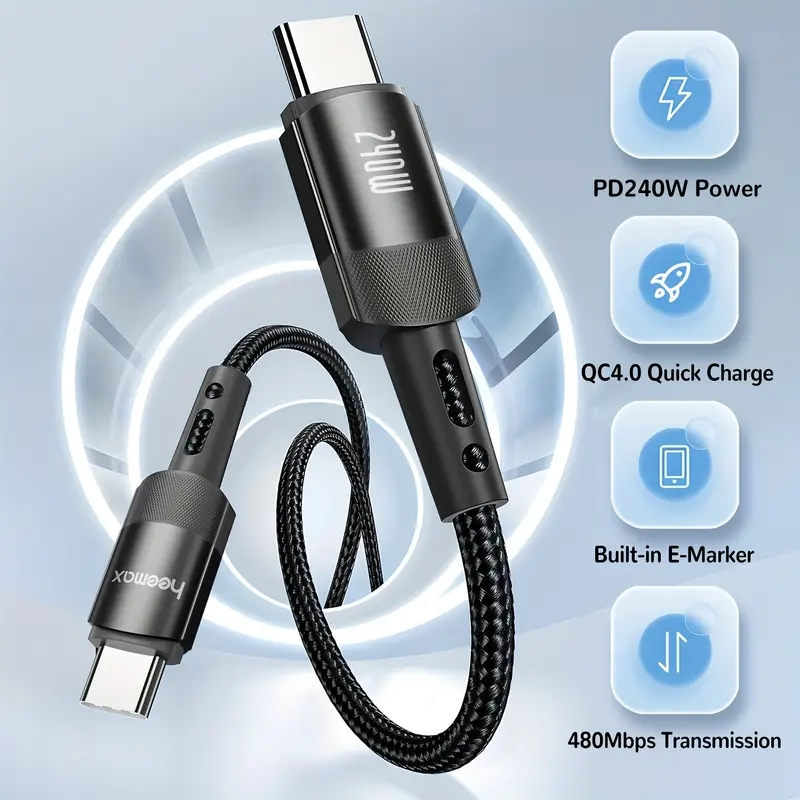 كابل Heemax المضفر USB C إلى USB C بقوة 240 واط - 2 متر