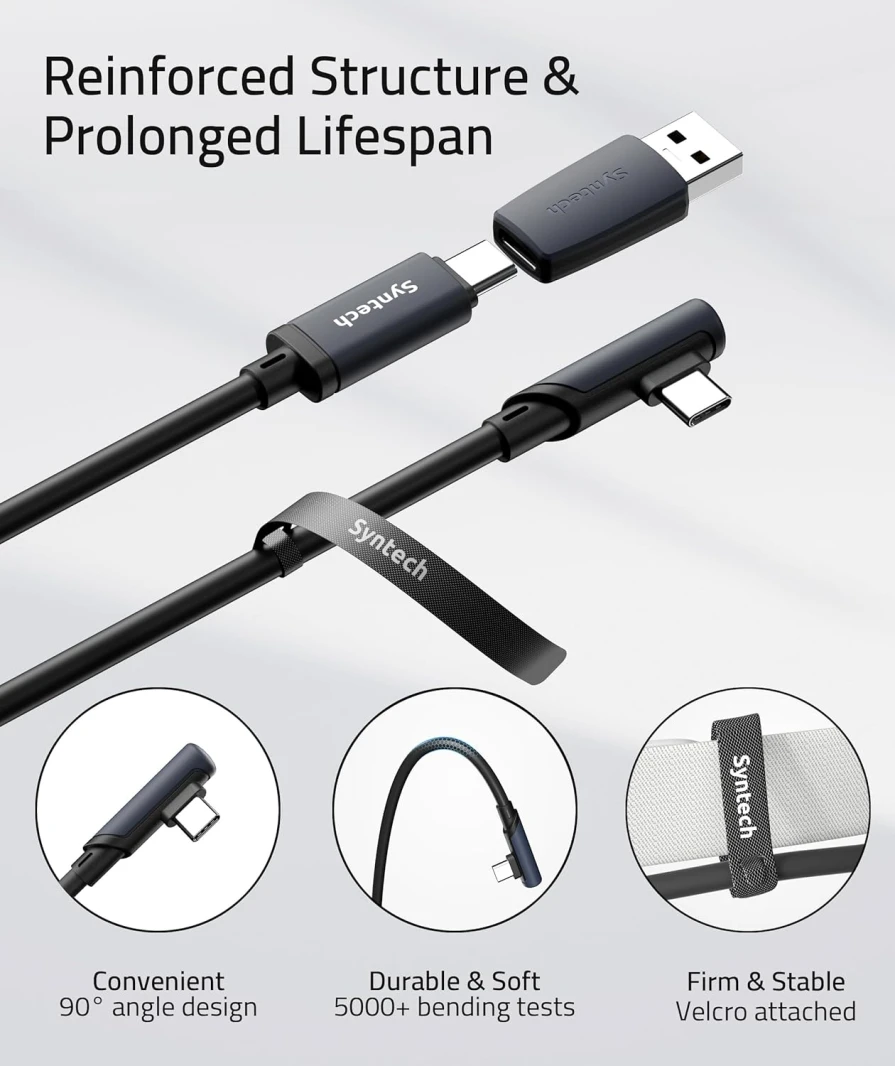 كابل Syntech USB C Meta/Oculus Quest3/2، Pico4، Vision Pro Link مع محول USB 3.0 – 5 متر أسود