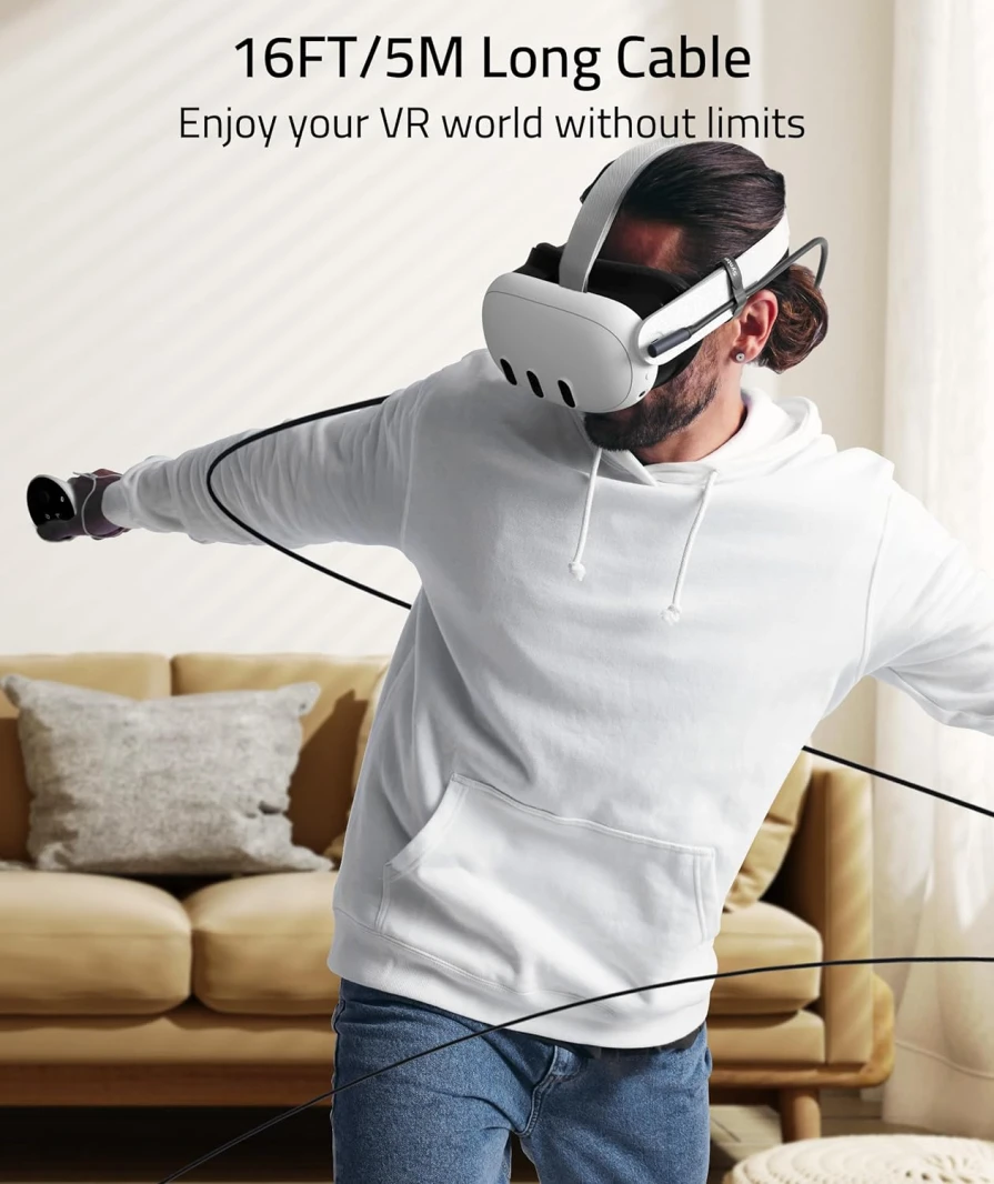 كابل Syntech USB C Meta/Oculus Quest3/2، Pico4، Vision Pro Link مع محول USB 3.0 – 5 متر أسود