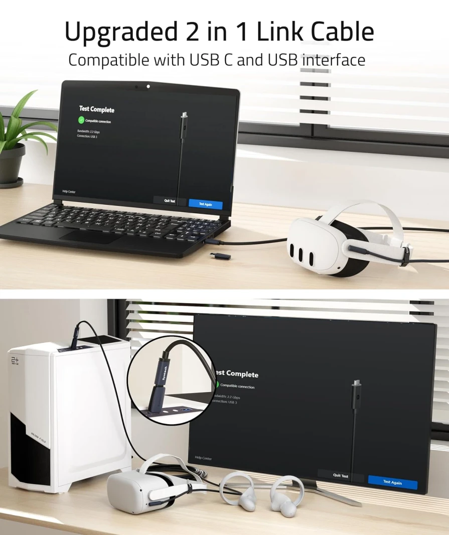 كابل Syntech USB C Meta/Oculus Quest3/2، Pico4، Vision Pro Link مع محول USB 3.0 – 5 متر أسود