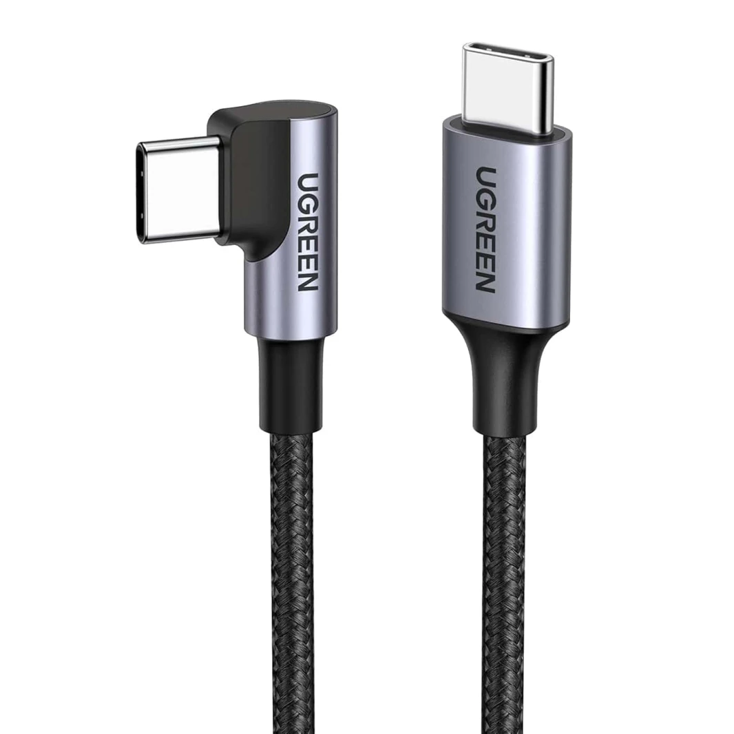 كابل يوجرين 90 درجة مضفر من USB C إلى USB C بقوة 60 وات بطول 3 متر - أسود