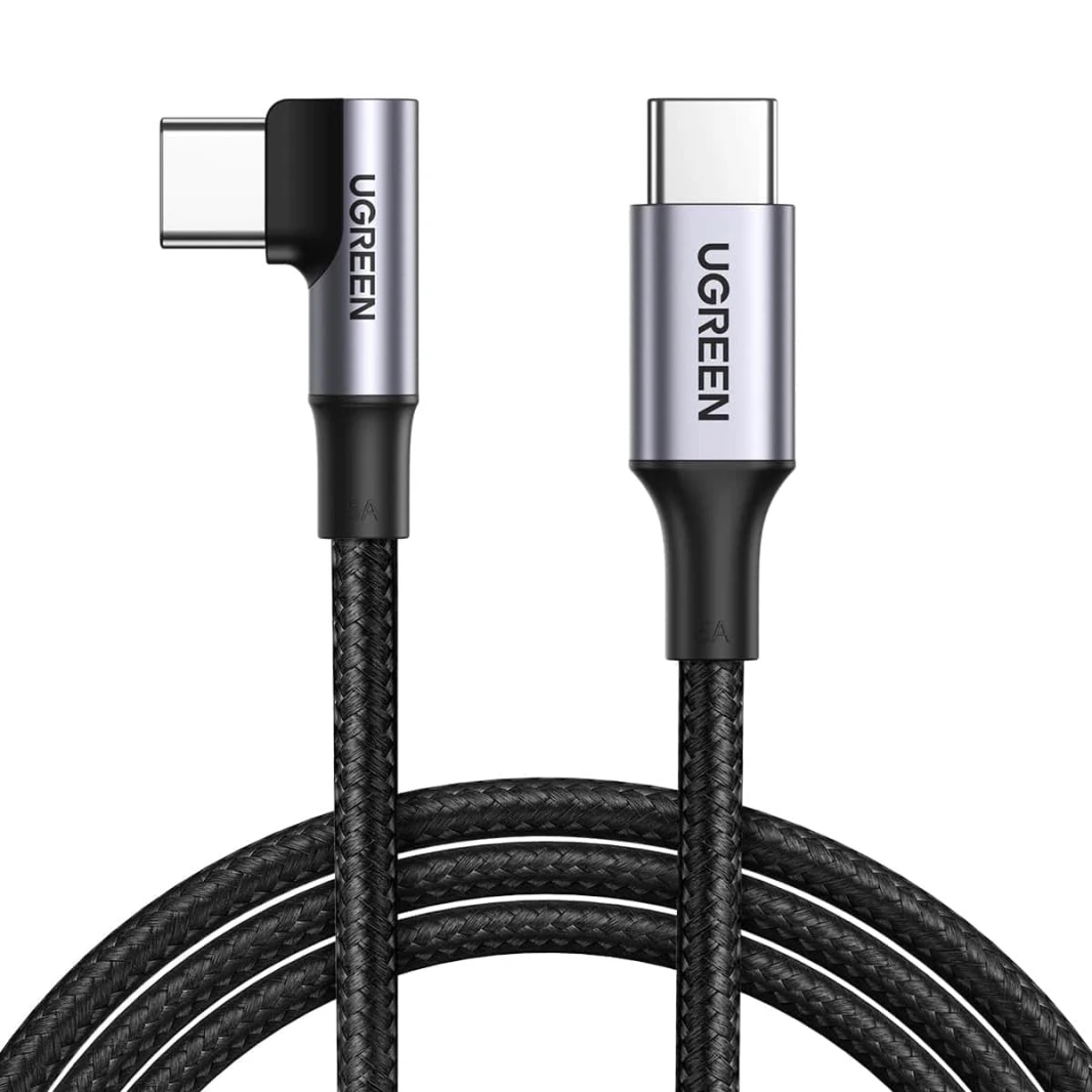 كابل يوجرين مضفر بزاوية 90 درجة بقوة 100 وات من USB C إلى USB C بطول 2 متر - أسود