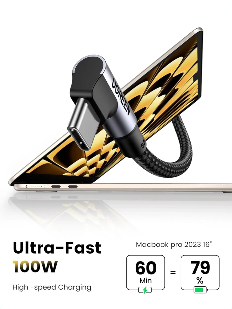 كابل يوجرين مضفر بزاوية 90 درجة بقوة 100 وات من USB C إلى USB C بطول 3 متر - أسود