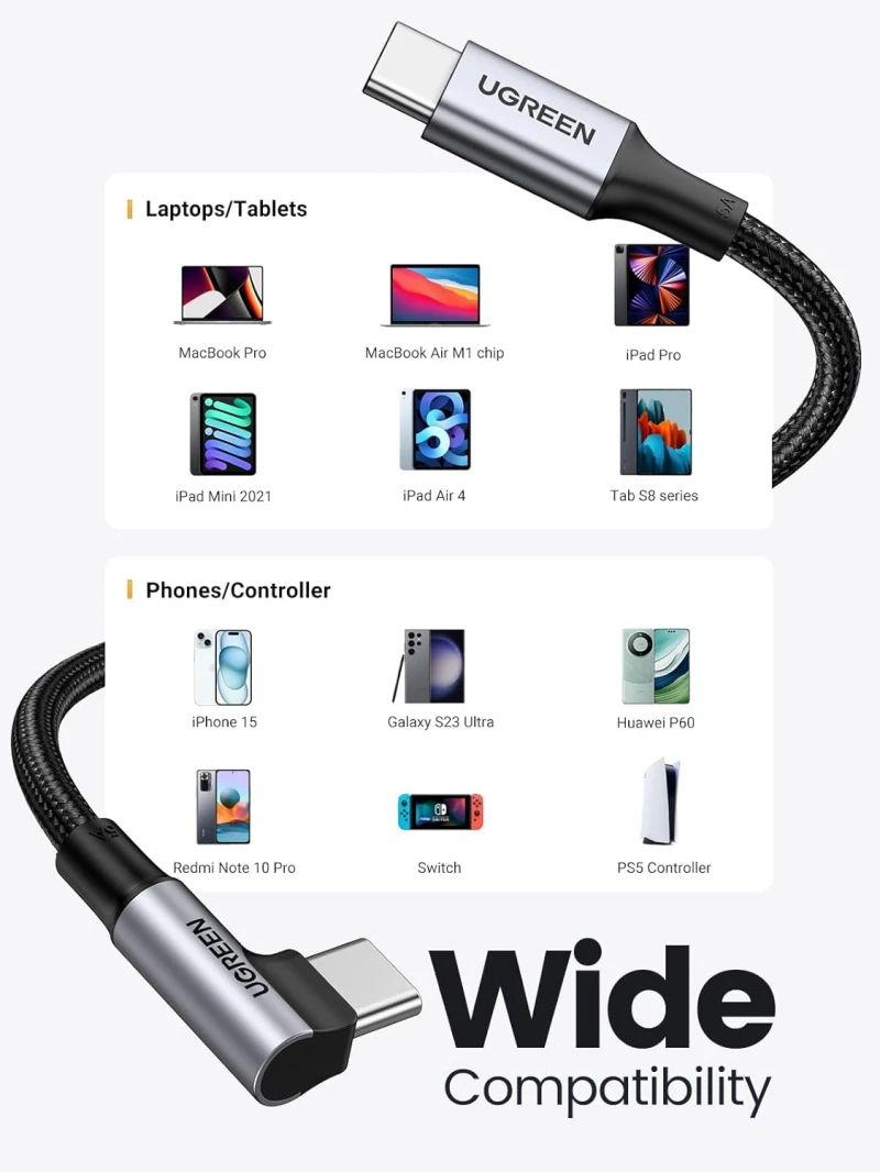 كابل يوجرين مضفر بزاوية 90 درجة بقوة 100 وات من USB C إلى USB C بطول 3 متر - أسود