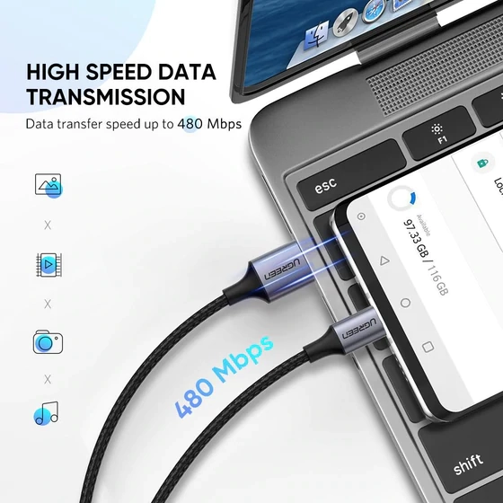 كابل USB C إلى A مضفر من النايلون من UGREEN بطول 2 متر - أسود