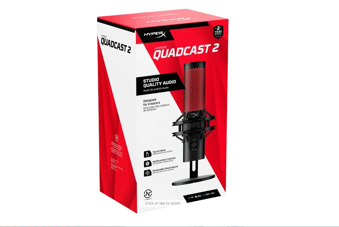 ميكروفون HyperX QuadCast 2 – (2024) USB للألعاب والبث المباشر والبث الصوتي، مع عناصر تحكم مدمجة وإضاءة LED