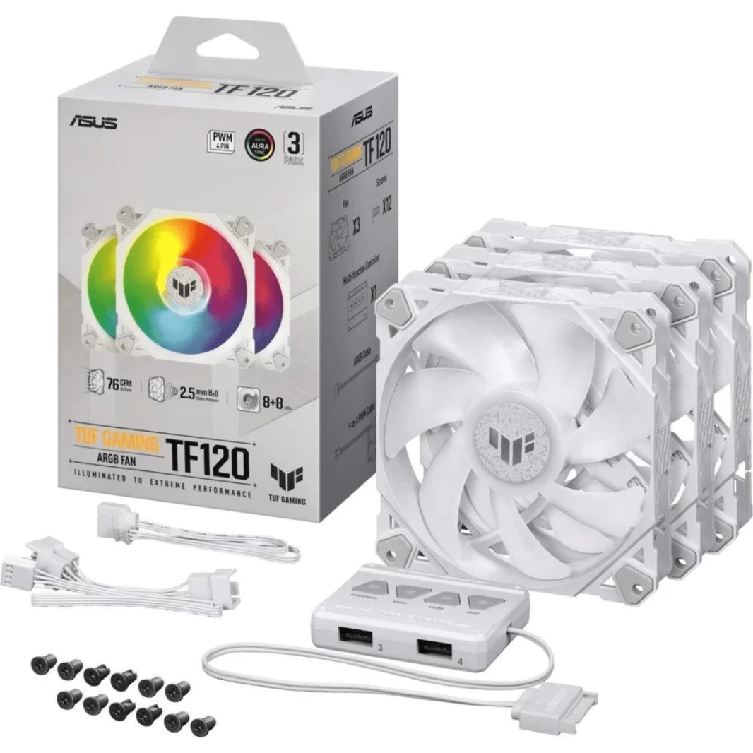 مجموعة مروحة ثلاثية ASUS TUF Gaming TF120 ARGB مع وحدة تحكم LED ثلاثية الدبابيس 120 مم PWM للتحكم في الكمبيوتر - أبيض