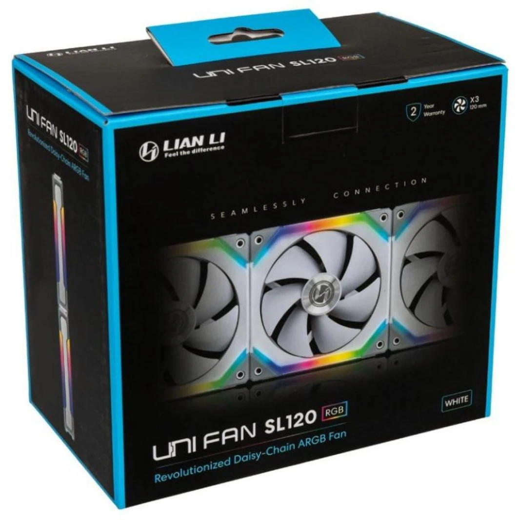 مجموعة من 3 مروحة UNI SL120 من Lian Li باللون الأبيض - مع وحدة تحكم (ARGB 120mm LED PWM Daisy-Chain)