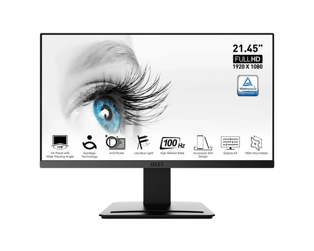 شاشة MSI PRO MP223 LCD عالية الدقة مقاس 21.45 بوصة للمكتب - 1920 × 1080، 100 هرتز، شاشة صديقة للعين، قابلة للتركيب على VESA، تدعم مجموعة العرض، قابلة للتعديل والإمالة