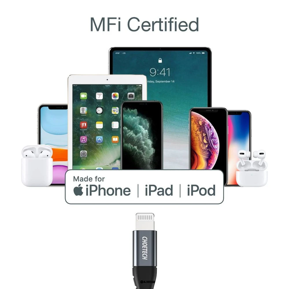 كابل مضفر من النايلون MFI من Choetech بطول 1.2 متر من النوع C إلى Lightning